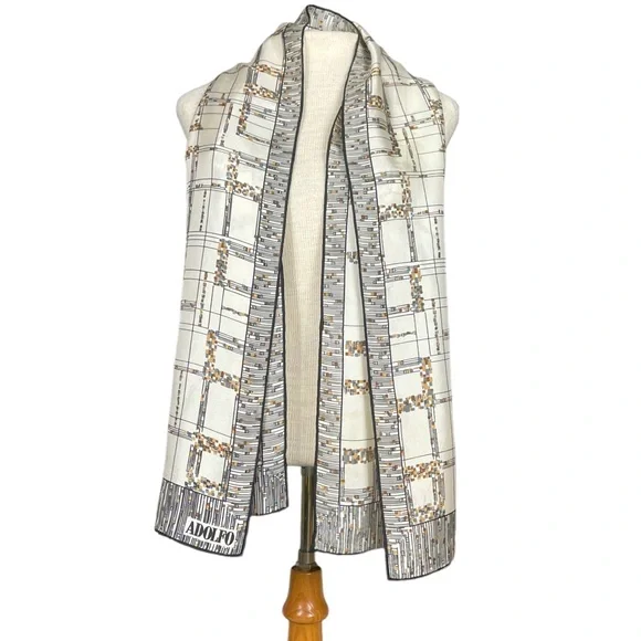 Adolfo Vintage Plaid Print Silk Scarf in Cream/Black - Picture 3 of 7